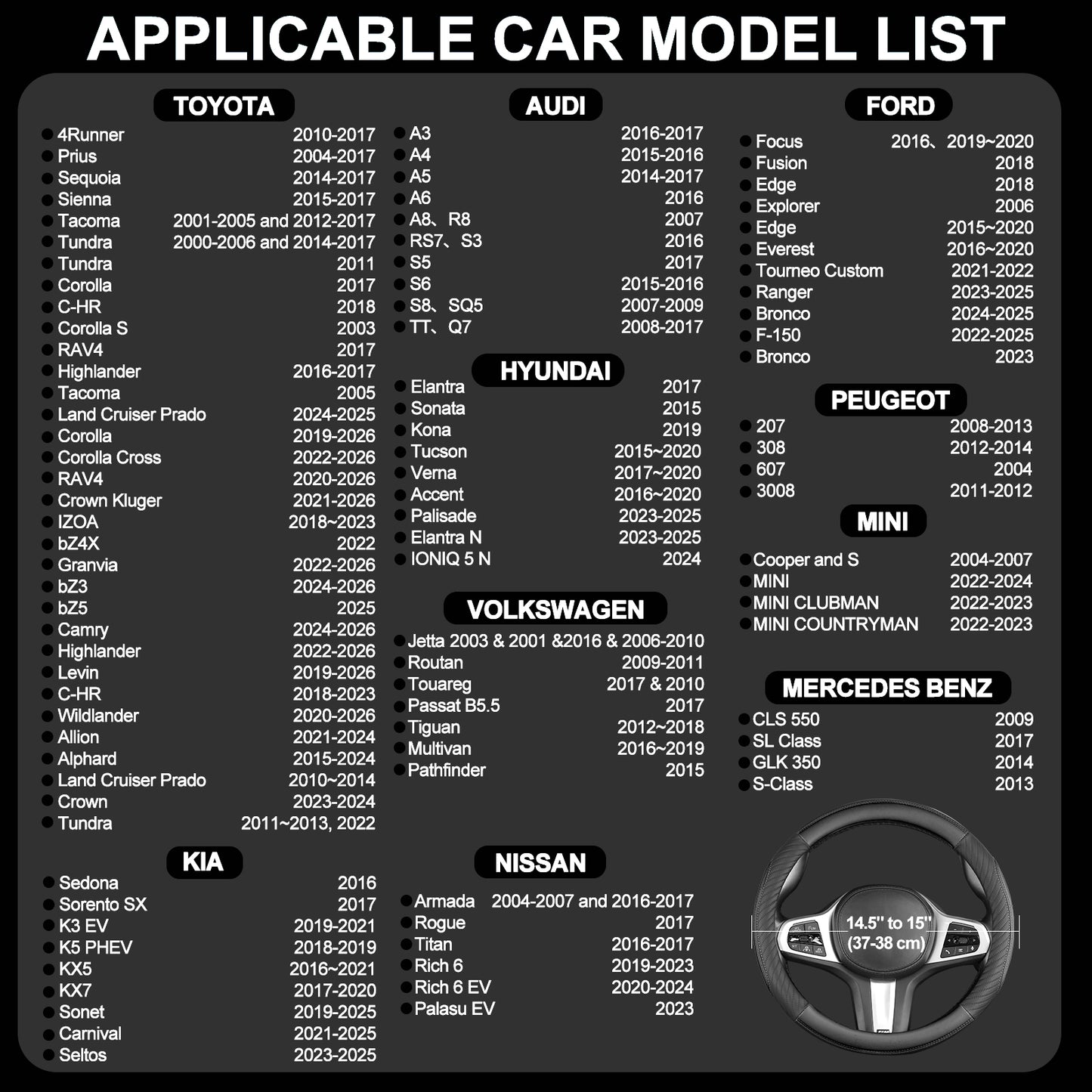 YGYQZ Car Steering Wheel Cover Leather - Universal Size M 37-38cm-Black