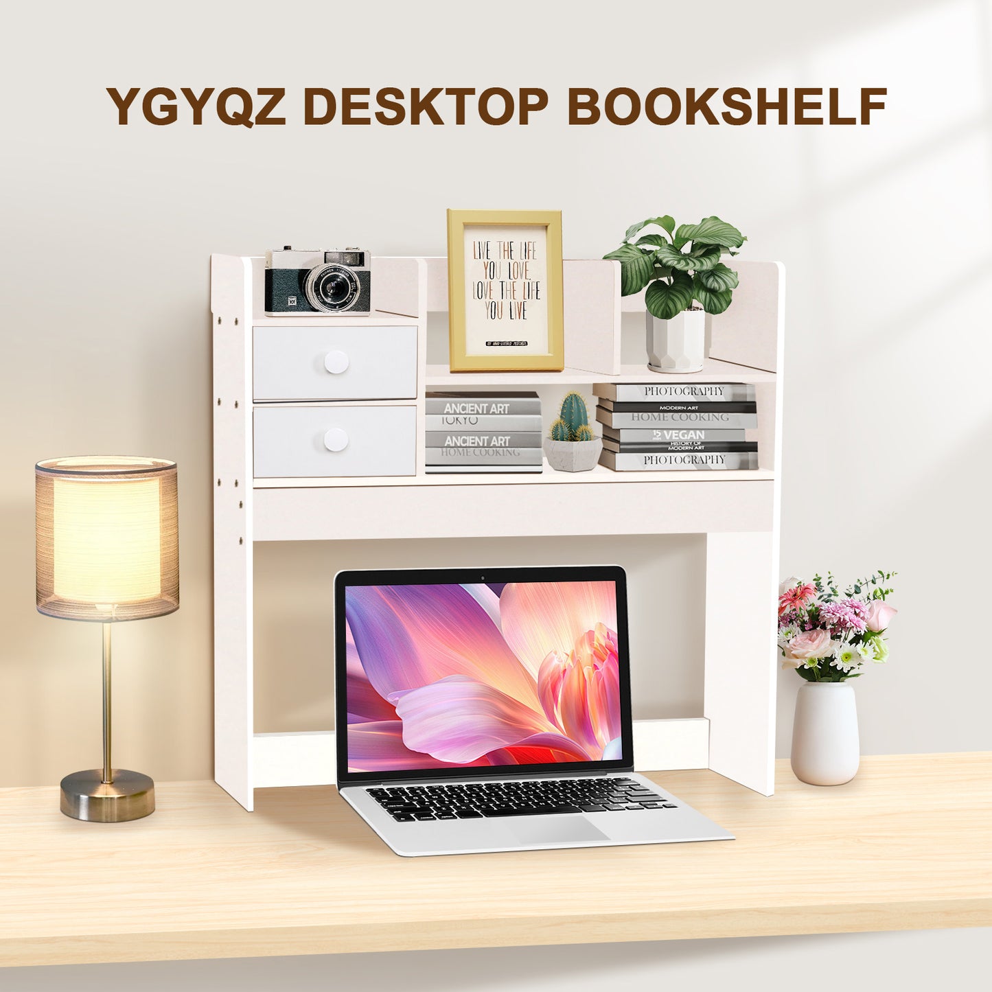 YGYQZ Wood Desk Shelf Organizer, Desk Table Shelf for Comuputer Display Shelf Rack Storage Stand for Office, Home, Dorm (White)