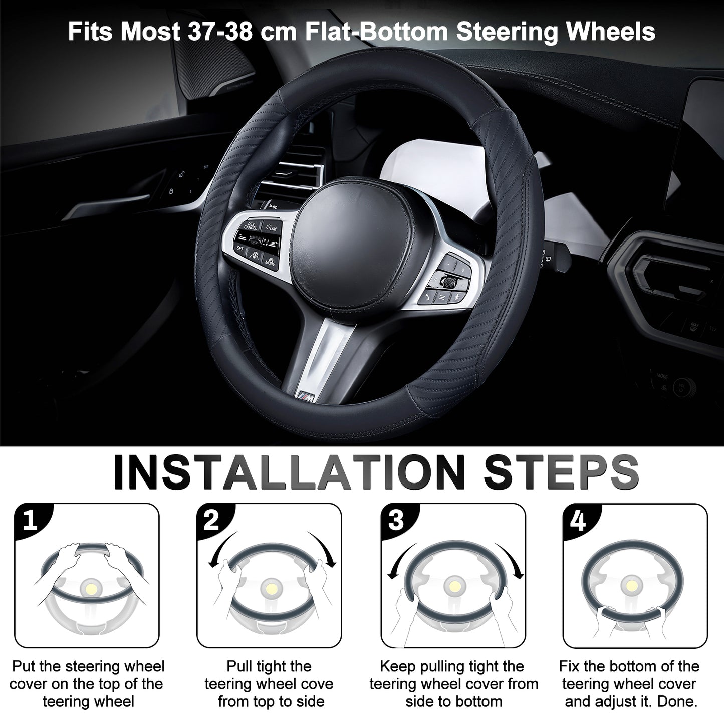 YGYQZ Car Steering Wheel Cover Leather - Universal Size M 37-38cm-Black