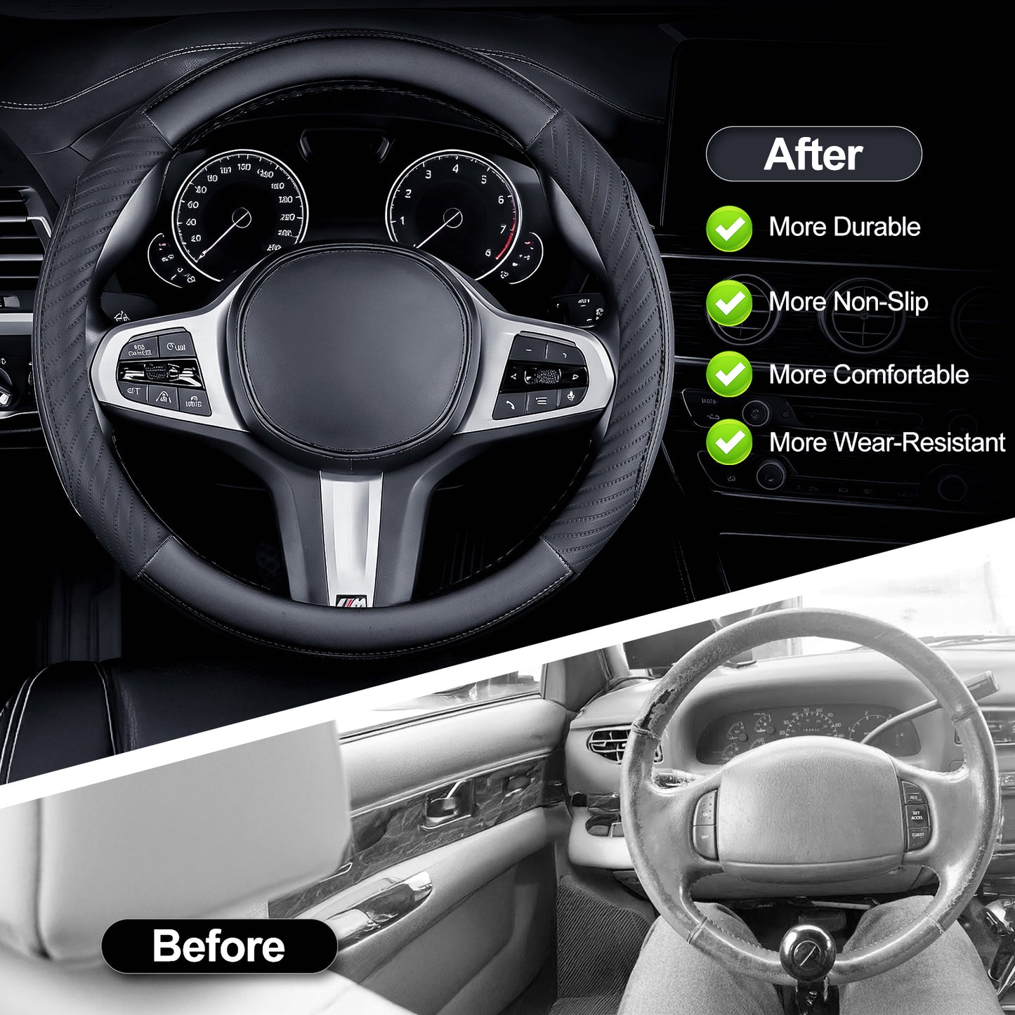 YGYQZ Car Steering Wheel Cover Leather - Universal Size M 37-38cm-Black