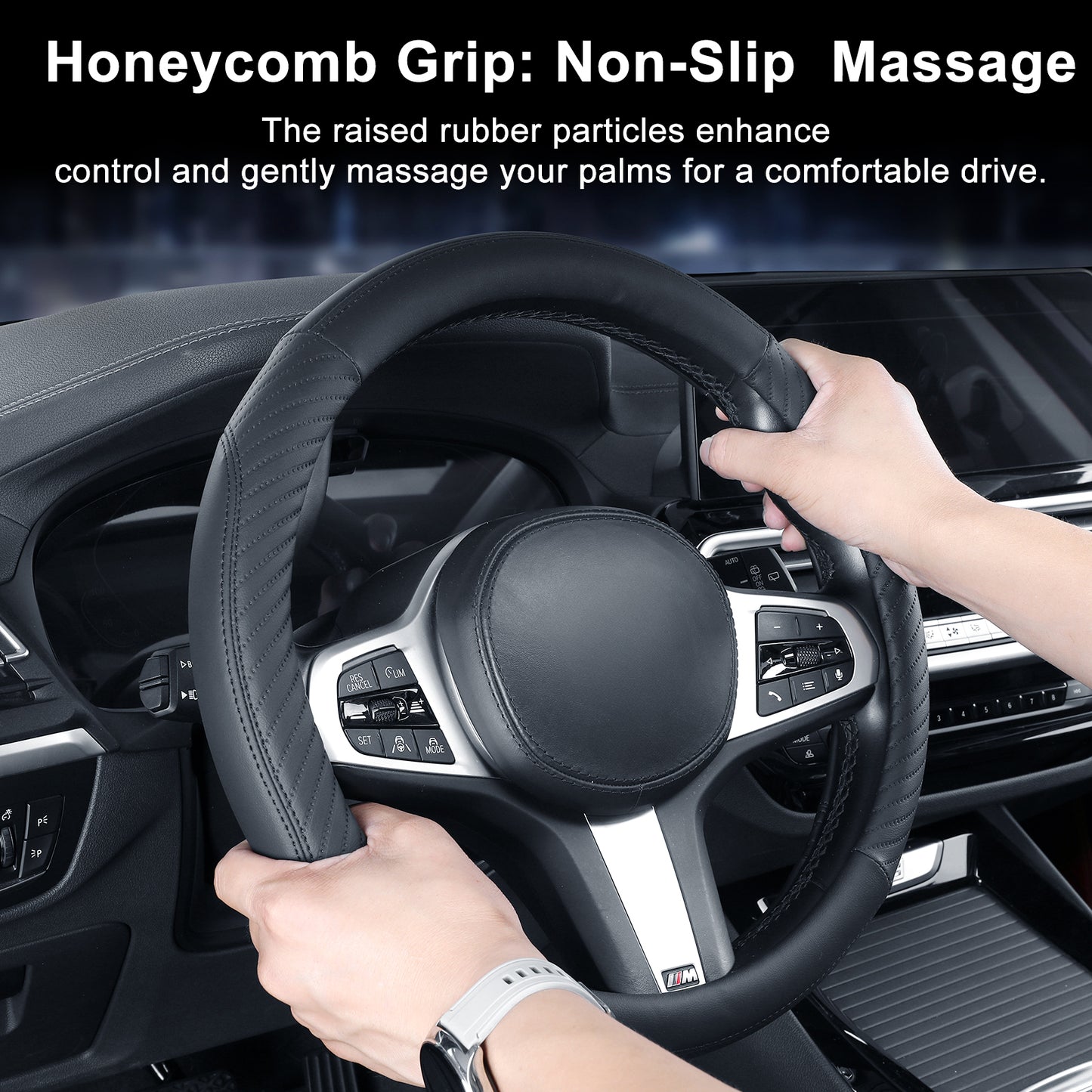 YGYQZ Car Steering Wheel Cover Leather - Universal Size M 37-38cm-Black