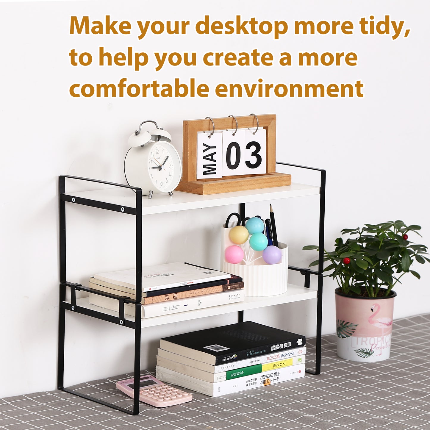 YGYQZ Wood Office Desk Shelf Organizer - Desktop Supplies Cute Dresser Top Organization Storage Rack and Cubicle Decor Aesthetic Bookshelf for Women Man and Kids (Black White-Two Tier)