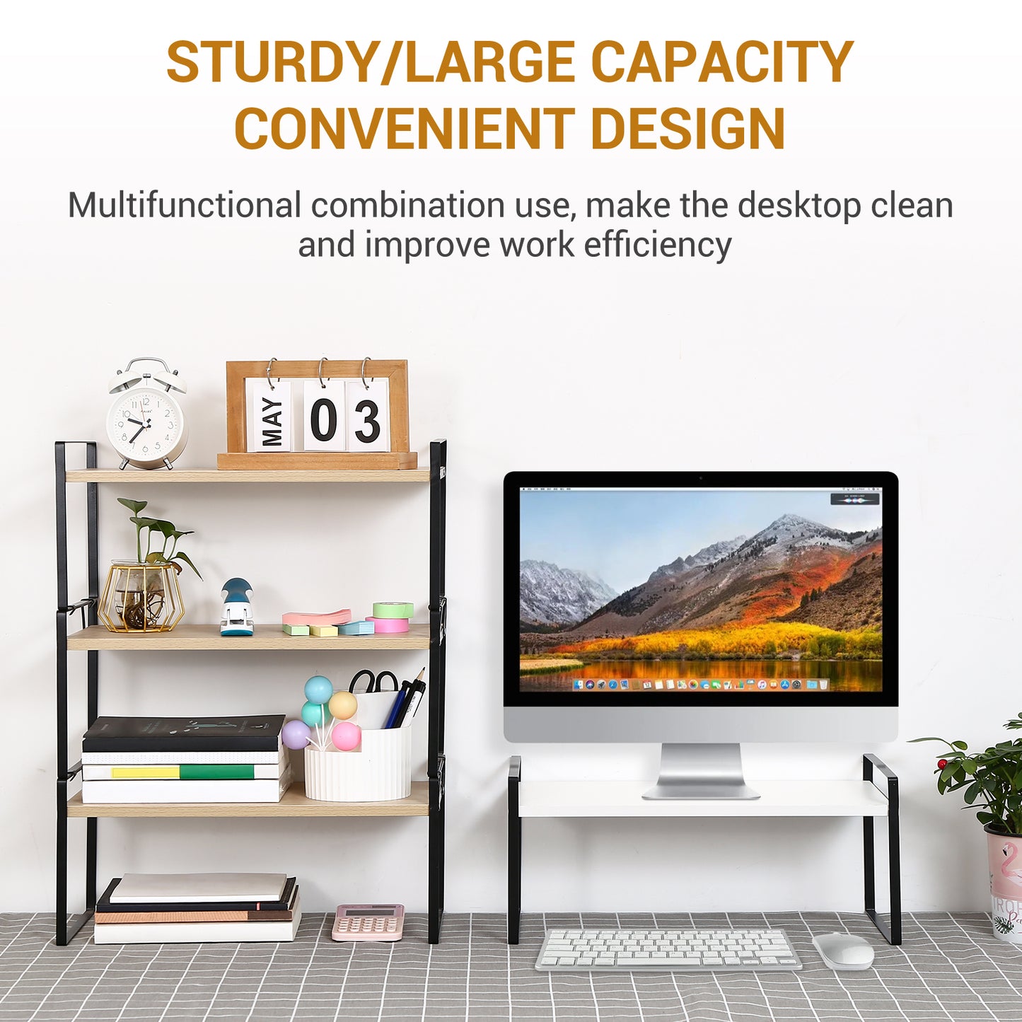 YGYQZ Wood Office Desk Shelf Organizer - Desktop Supplies Cute Dresser Top Organization Storage Rack and Cubicle Decor Aesthetic Bookshelf for Women Man and Kids (Black White-Single Tier)