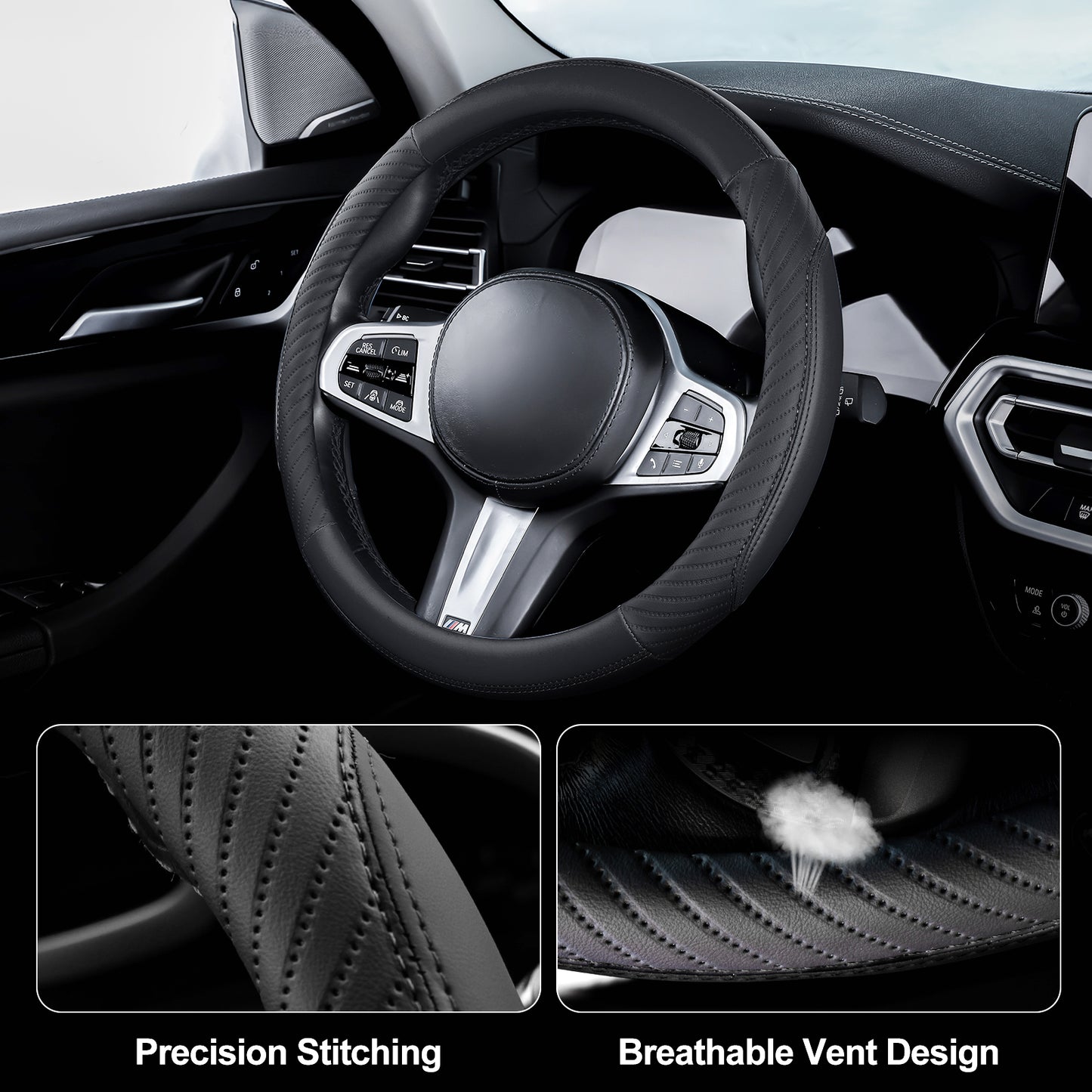 YGYQZ Car Steering Wheel Cover Leather - Universal Size M 37-38cm-Black