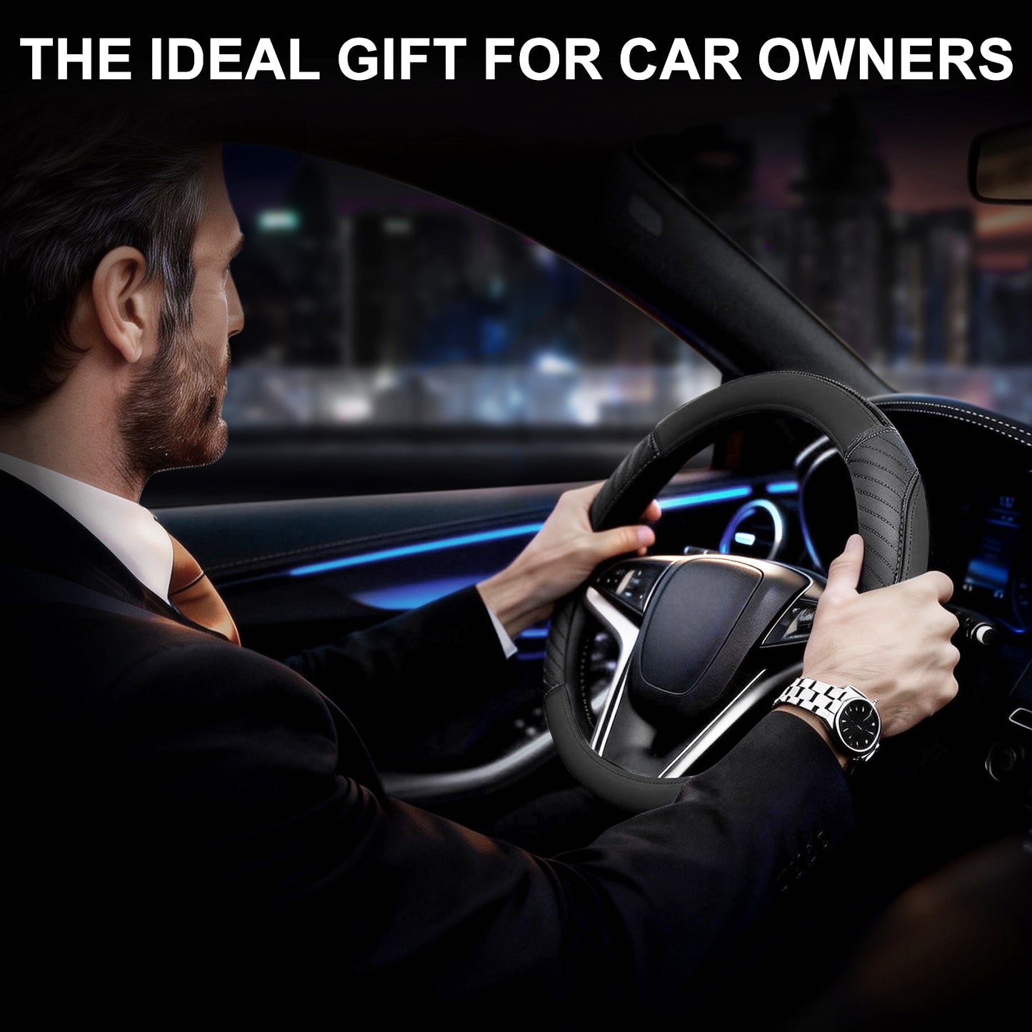 YGYQZ Car Steering Wheel Cover Leather - Universal Size M 37-38cm-Black