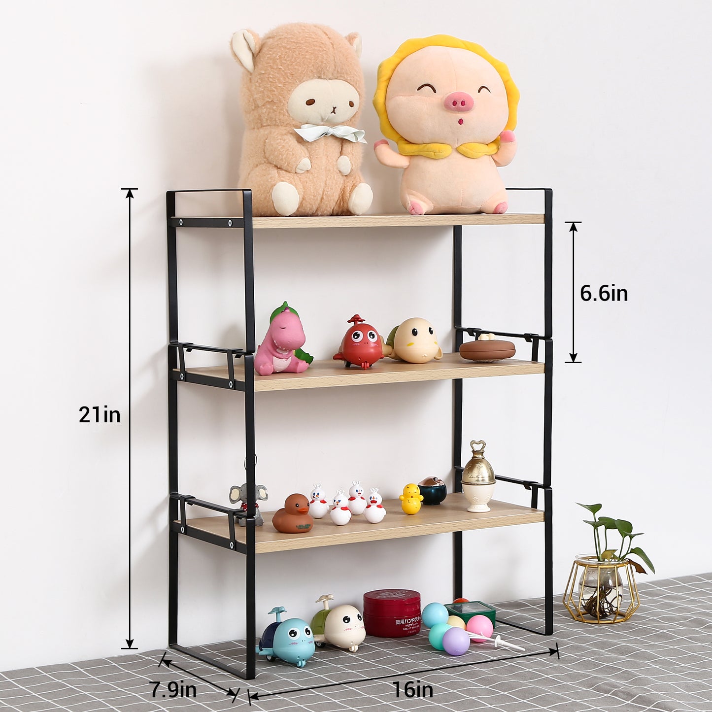 YGYQZ Wood Office Desk Shelf Organizer - Desktop Supplies Cute Dresser Top Organization Storage Rack and Cubicle Decor Aesthetic Bookshelf for Women Man and Kids (Black Wood-Three Tier)