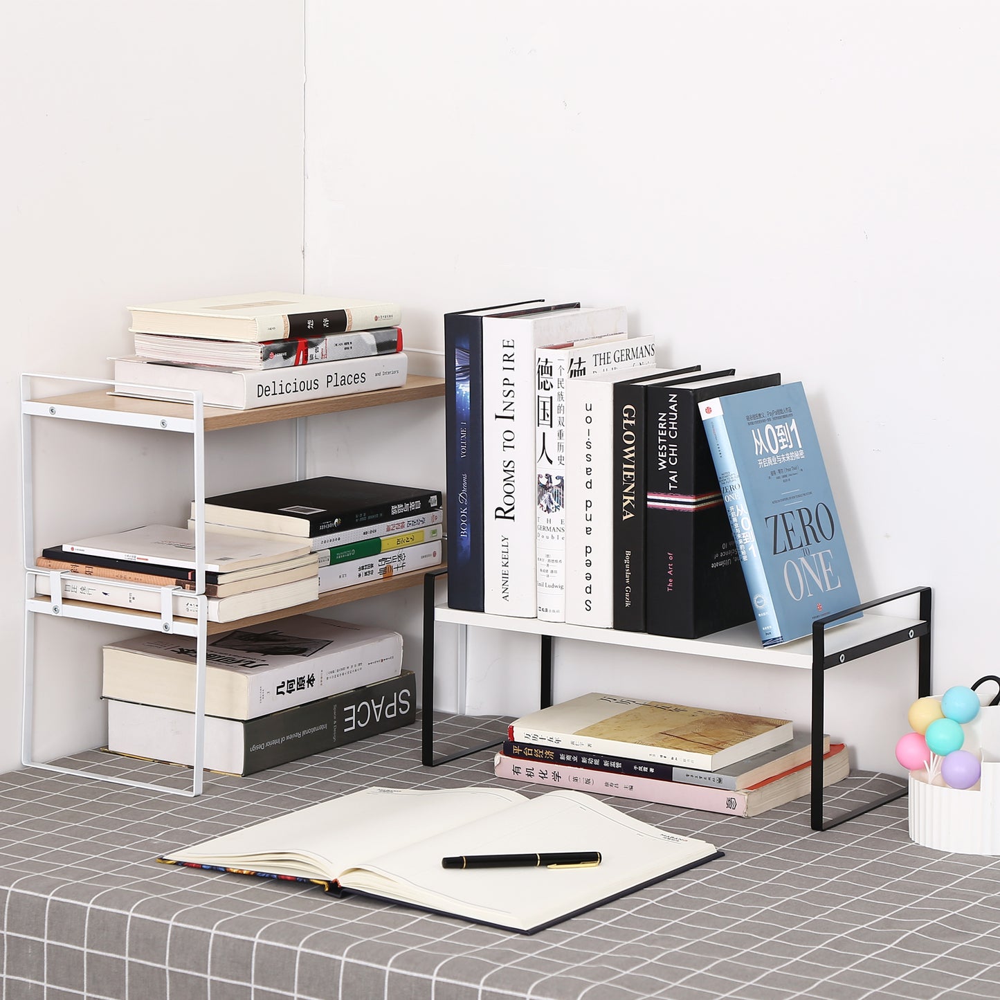 YGYQZ Wood Office Desk Shelf Organizer - Desktop Supplies Cute Dresser Top Organization Storage Rack and Cubicle Decor Aesthetic Bookshelf for Women Man and Kids (Black White-Single Tier)