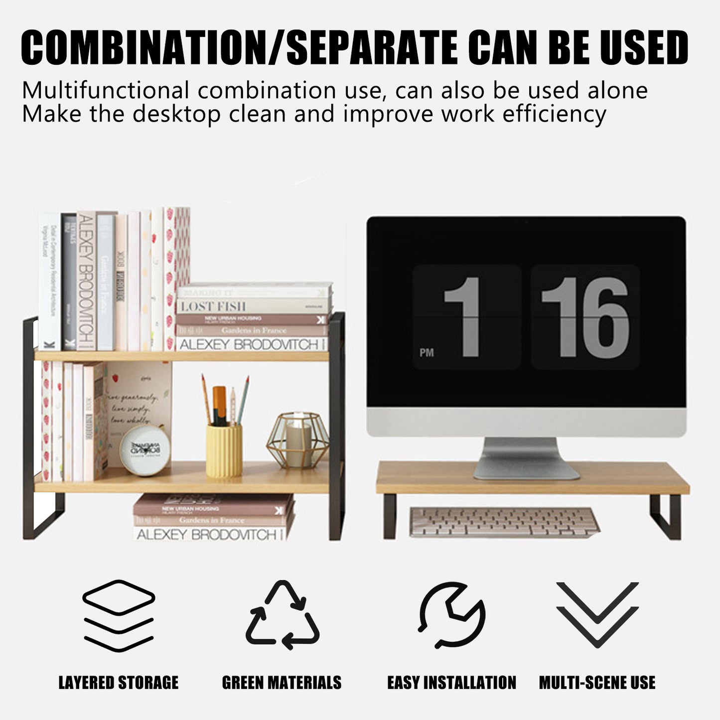 YGYQZ Wood Office Desk Shelf Organizer - Desktop Supplies Cute Dresser Top Organization Storage Rack and Cubicle Decor Aesthetic Bookshelf for Women Man and Kids (Black-Two Tier)