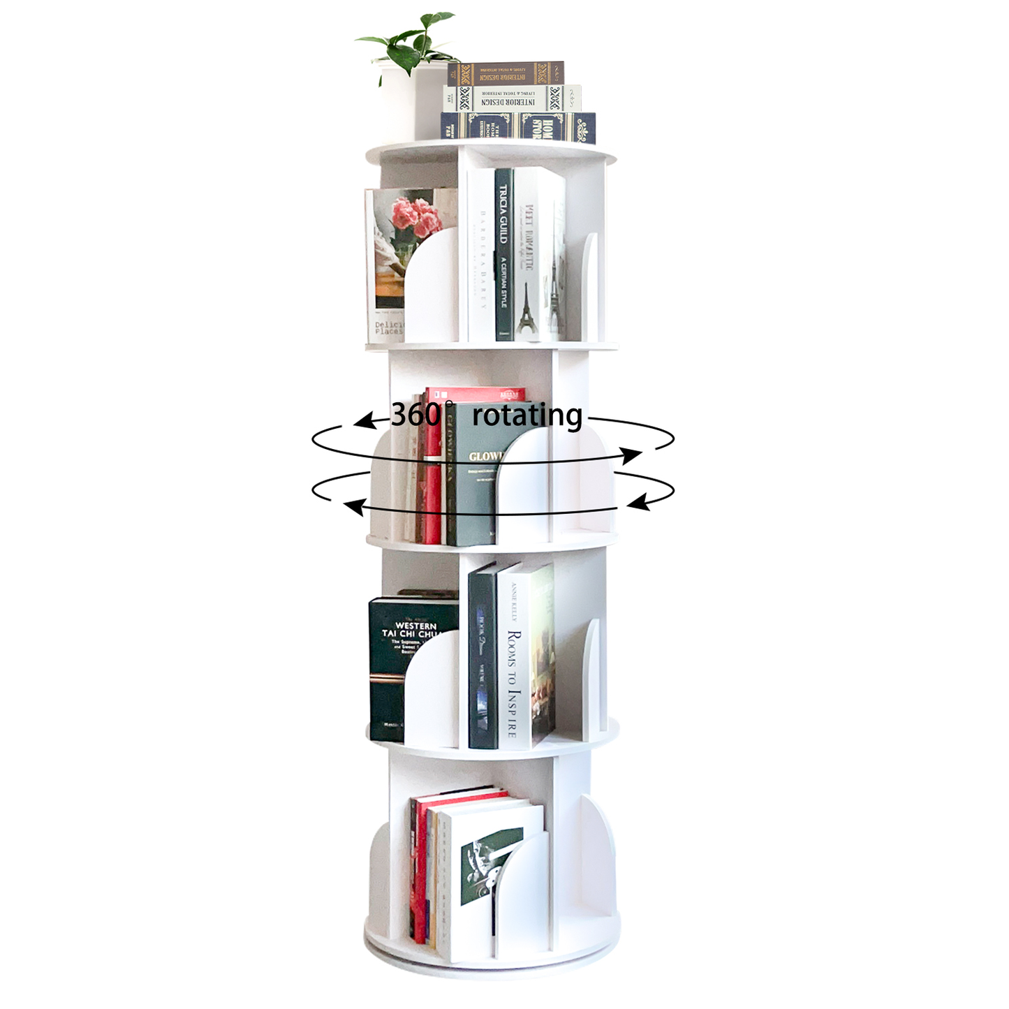 YGYQZ 4 Tier Rotating Display Bookshelf - 360 View Unique Revolving Storage Rack for Spinning Small Bookcase Great for Bedroom Living Room (4 Tier, White)