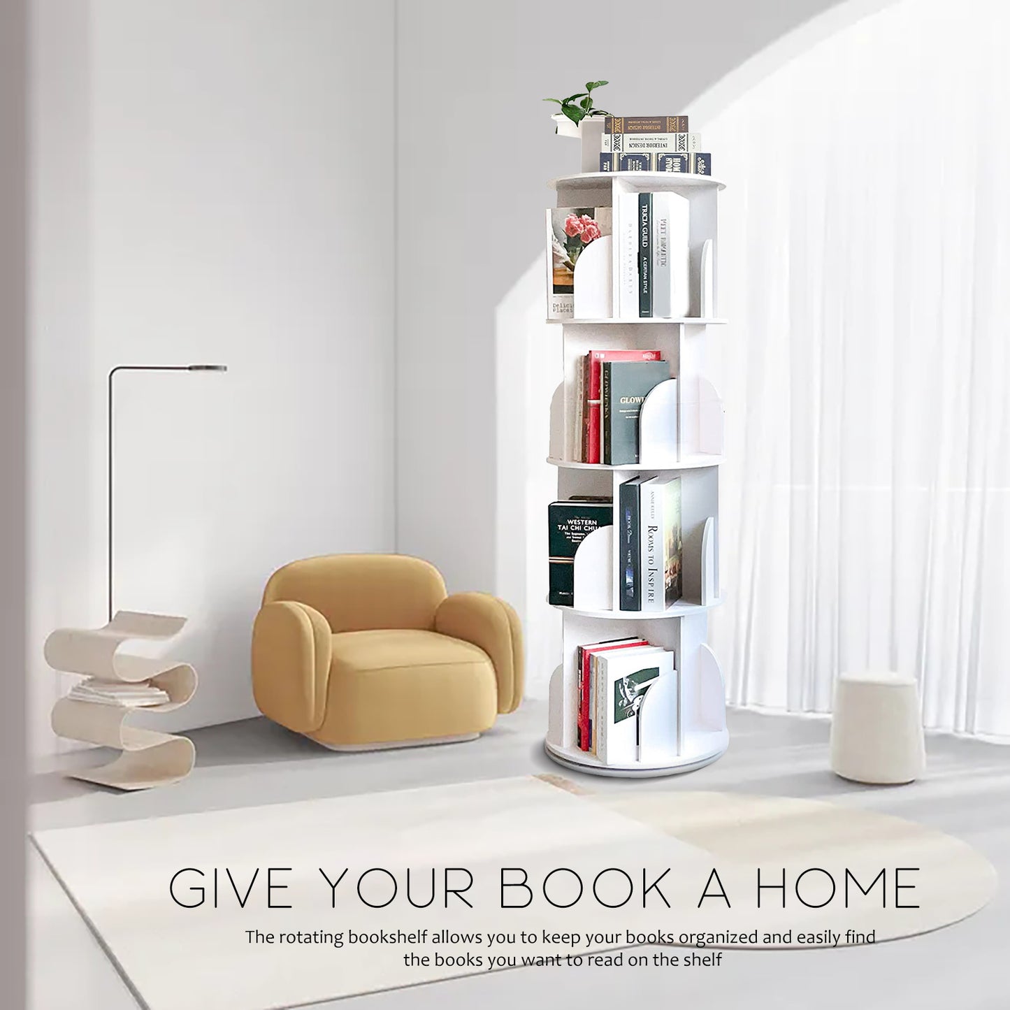 YGYQZ 4 Tier Rotating Display Bookshelf - 360 View Unique Revolving Storage Rack for Spinning Small Bookcase Great for Bedroom Living Room (4 Tier, White)