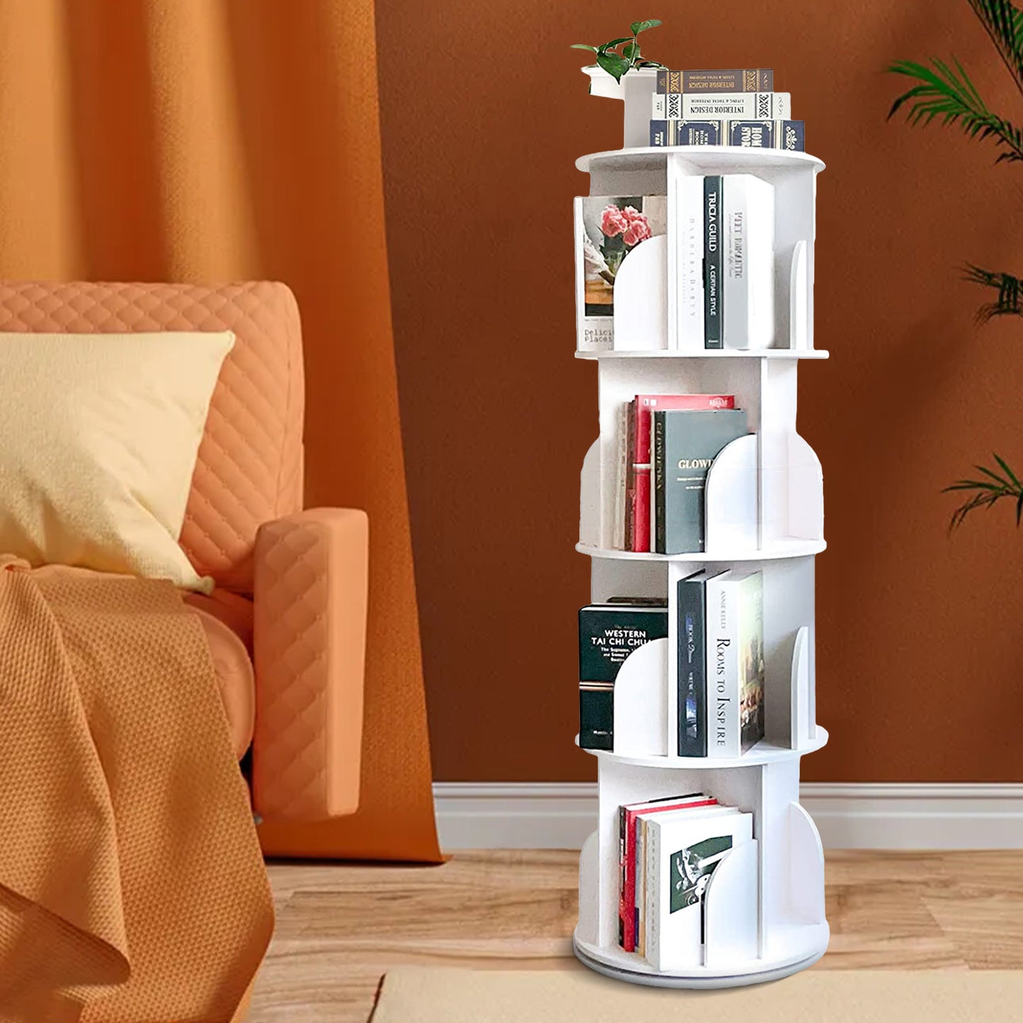 YGYQZ 4 Tier Rotating Display Bookshelf - 360 View Unique Revolving Storage Rack for Spinning Small Bookcase Great for Bedroom Living Room (4 Tier, White)